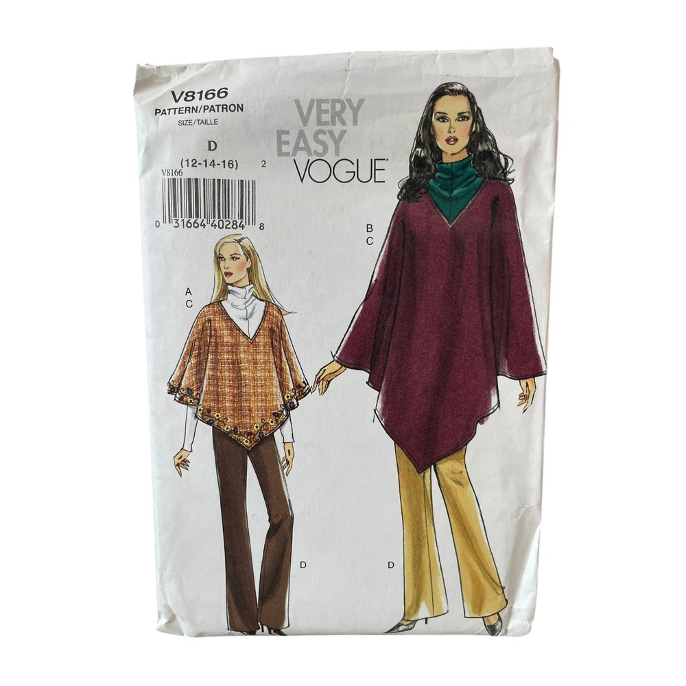 Vogue Sewing Pattern V8166 Misses Size 12-16 Poncho Top Pants Very Easy Uncut